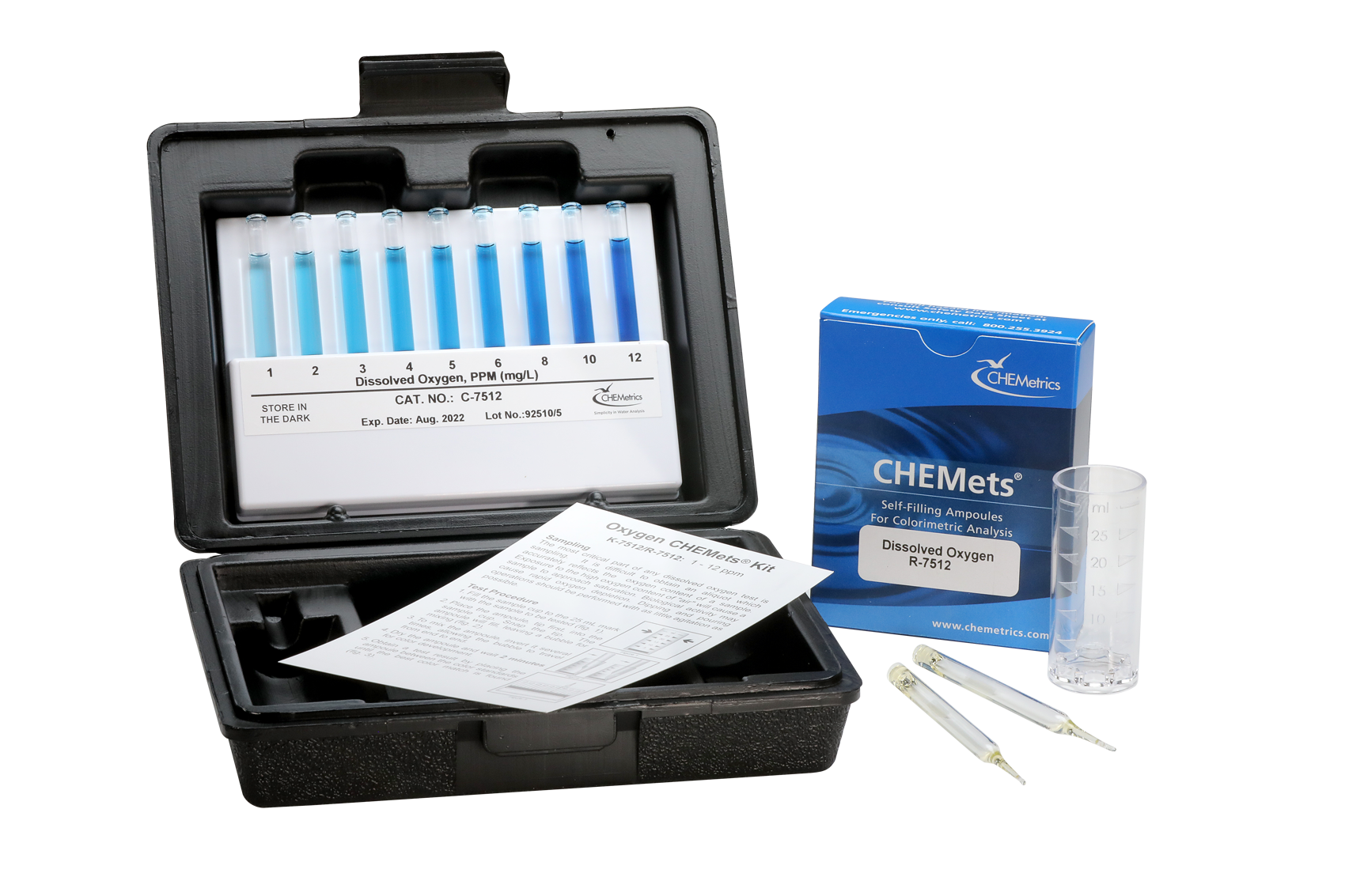 CHEMetrics K-7512 Dissolved Oxygen Test kit and contents