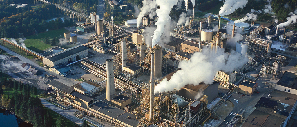 Aerial view looking down on a paper and pulp mill.