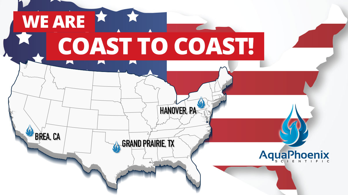 AquaPhoenix is coast-to-coast map with locations labeled in Brea, CA, Grand Prairie, TX, and Hanover, PA