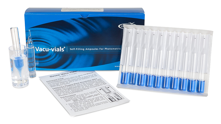 Contents and packaging of K-7433 Ozone Vacu-vials Test Kit. Click to shop for this test kit.
