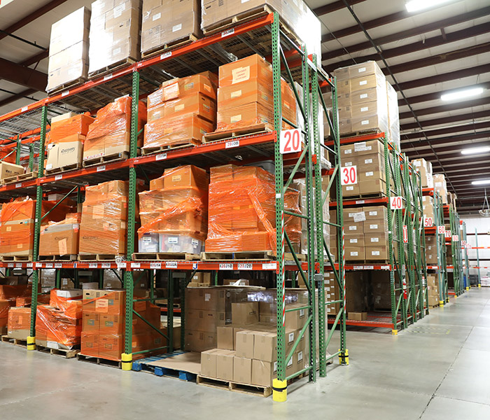 products stored on shelves in a warehouse