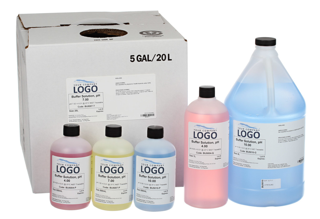 pH buffer solutions in various sizes with custom labels from AquaPhoenix