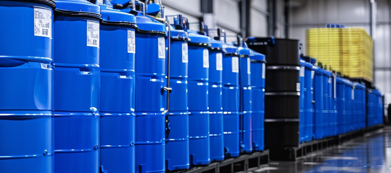 Image of many blue containment tanks and one black tank